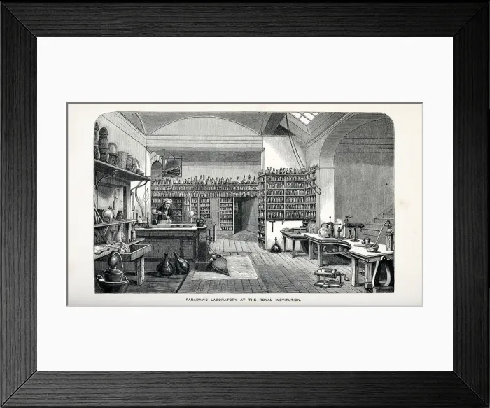 Framed Print : Faradays Laboratory at the Royal Institution, pub. 1870. Creator: English School (19th Century) Framed Print : Faradays Laboratory at the Royal Institution, pub. 1870. Creator: English School (19th Century)