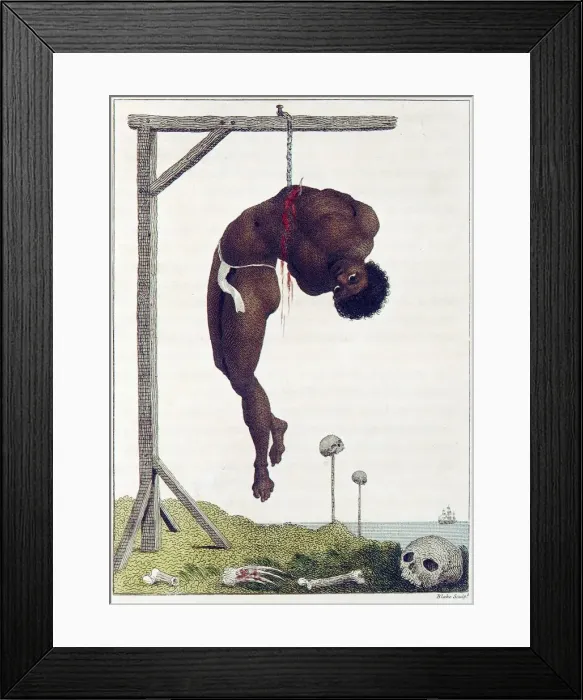 Framed Print : A Negro hung alive by the Ribs to a Gallows, pub. 1796. Creator: John Gabriel Stedman (1744-97) Framed Print : A Negro hung alive by the Ribs to a Gallows, pub. 1796. Creator: John Gabriel Stedman (1744-97)