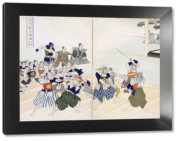 Warlord watches Samurai practising their Swordplay, 19th Century. Creator: Japanese School