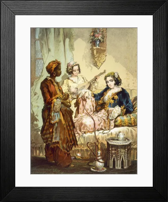 Framed Print : The Cup of Coffee: Two women taking coffee and smoking hubble-bubble, pub. 1865. Creator Framed Print : The Cup of Coffee: Two women taking coffee and smoking hubble-bubble, pub. 1865. Creator