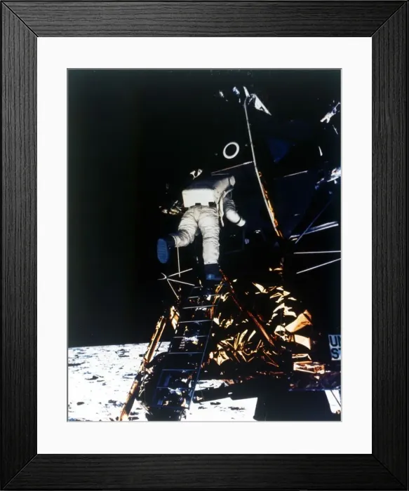 Framed Print : Buzz Aldrin descends from the Lunar Module, Apollo II mission, July 1969. Creator: Neil Armstrong Framed Print : Buzz Aldrin descends from the Lunar Module, Apollo II mission, July 1969. Creator: Neil Armstrong