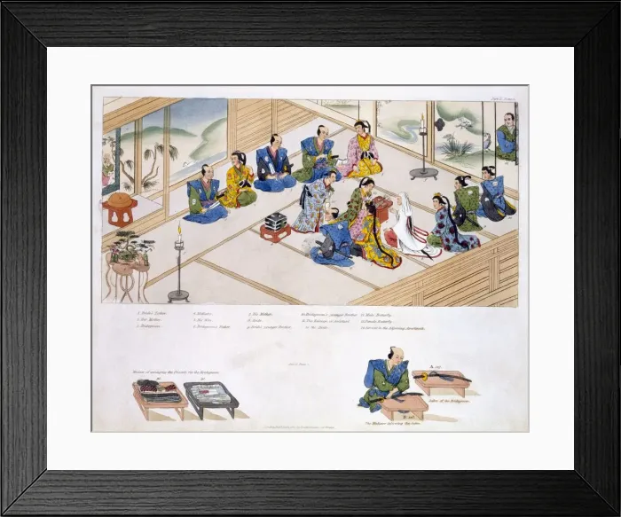 Framed Print : Japanese Marriage: the two families meeting, with mediator; pub. 1824. Creator: Japanese School Framed Print : Japanese Marriage: the two families meeting, with mediator; pub. 1824. Creator: Japanese School