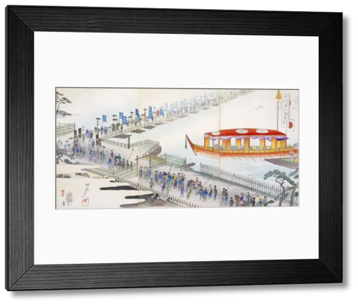 Framed Print : Attending a Festival: crossing a pontoon bridge to the sacred site. Creator: Japanese School Framed Print : Attending a Festival: crossing a pontoon bridge to the sacred site. Creator: Japanese School
