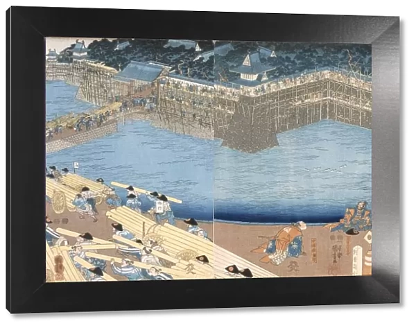 Triptych showing a fort being built by River Kunigos, Edo period (1603-1868). Creator