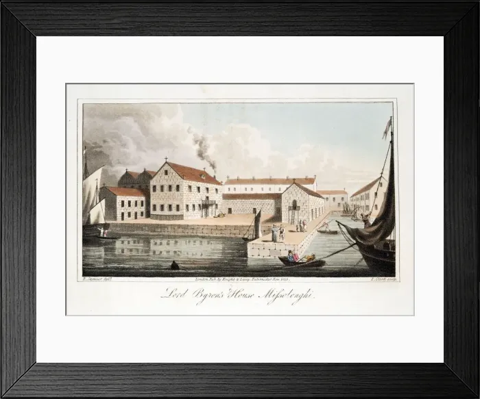 Framed Print : Lord Byrons House at Missolonghi, pub. 1825. Creator: Robert Seymour (1798 - 1836) Framed Print : Lord Byrons House at Missolonghi, pub. 1825. Creator: Robert Seymour (1798 - 1836)