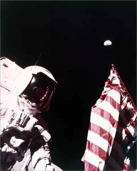 Harrison Schmitt with US flag on the surface of the Moon, Apollo 17 mission, December 1972
