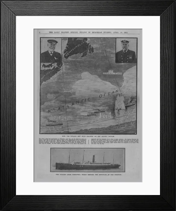 Framed Print : How the Titanic met with disaster... and The Cunard liner Carpathia... April 20, 1912 Framed Print : How the Titanic met with disaster... and The Cunard liner Carpathia... April 20, 1912