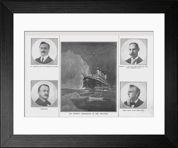 Framed Print : An Artists Impression of the Disaster, and portraits of related people, (April 20), 1912 Framed Print : An Artists Impression of the Disaster, and portraits of related people, (April 20), 1912