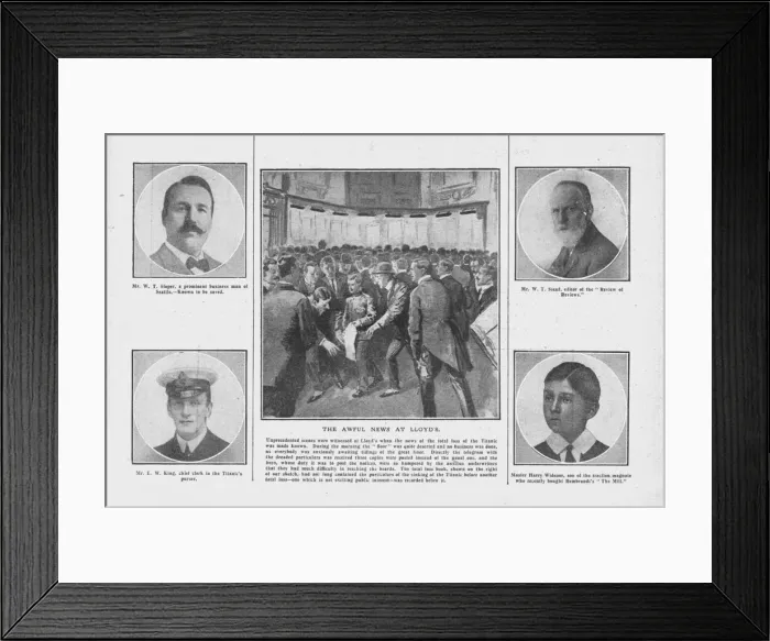 Framed Print : The Awful News at Lloyd s, with portraits of some of those on board the Titanic Framed Print : The Awful News at Lloyd s, with portraits of some of those on board the Titanic