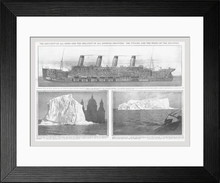 Framed Print : Sectional diagram of the Titanic, and icebergs, April 20, 1912. Creator: Unknown Framed Print : Sectional diagram of the Titanic, and icebergs, April 20, 1912. Creator: Unknown