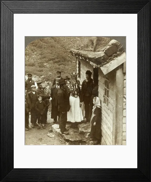 Framed Print : A Nordfjord bride and groom with guests and parents at house door, Brigsdal, Norway, c1905 Framed Print : A Nordfjord bride and groom with guests and parents at house door, Brigsdal, Norway, c1905
