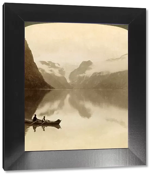 On sombre Lake Olden, between cloud-covered mountains, to Maelkevold glacier, Norway, 1905