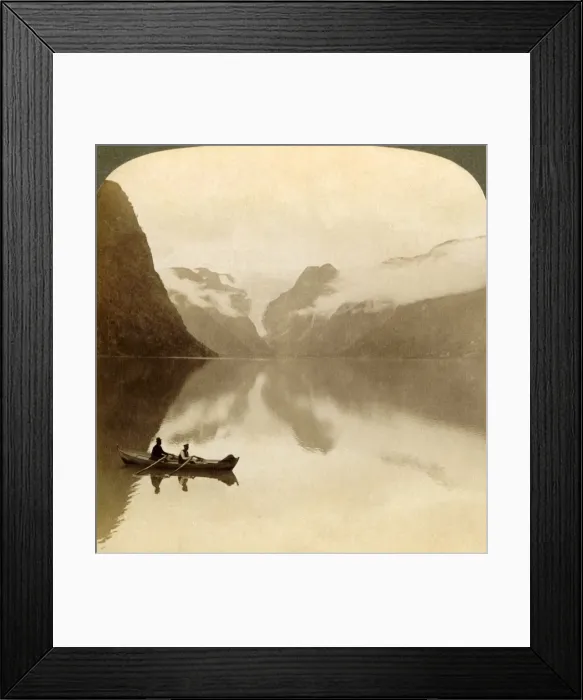 Framed Print : On sombre Lake Olden, between cloud-covered mountains, to Maelkevold glacier, Norway, 1905 Framed Print : On sombre Lake Olden, between cloud-covered mountains, to Maelkevold glacier, Norway, 1905
