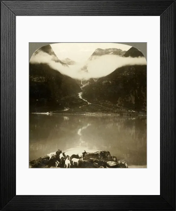 Framed Print : Grytereids glacier glittering above drifting clouds, across placid Lake Olden, Norway, c1905 Framed Print : Grytereids glacier glittering above drifting clouds, across placid Lake Olden, Norway, c1905