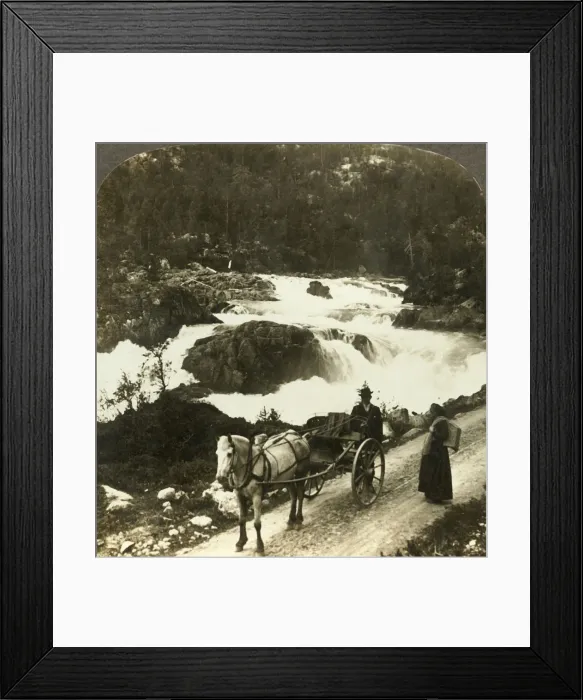 Framed Print : Halt of a stolkjaerre on the Telemarken road beside the foaming Little Rjukan Falls Framed Print : Halt of a stolkjaerre on the Telemarken road beside the foaming Little Rjukan Falls
