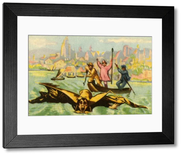 Framed Print : Berblingers attempt to fly across the Danube, 1811, (1932). Creator: Unknown Framed Print : Berblingers attempt to fly across the Danube, 1811, (1932). Creator: Unknown