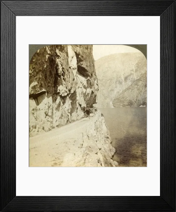 Framed Print : Path blasted out of the towering cliffs for a road around Oifjords Lake, Norway, 1905 Framed Print : Path blasted out of the towering cliffs for a road around Oifjords Lake, Norway, 1905