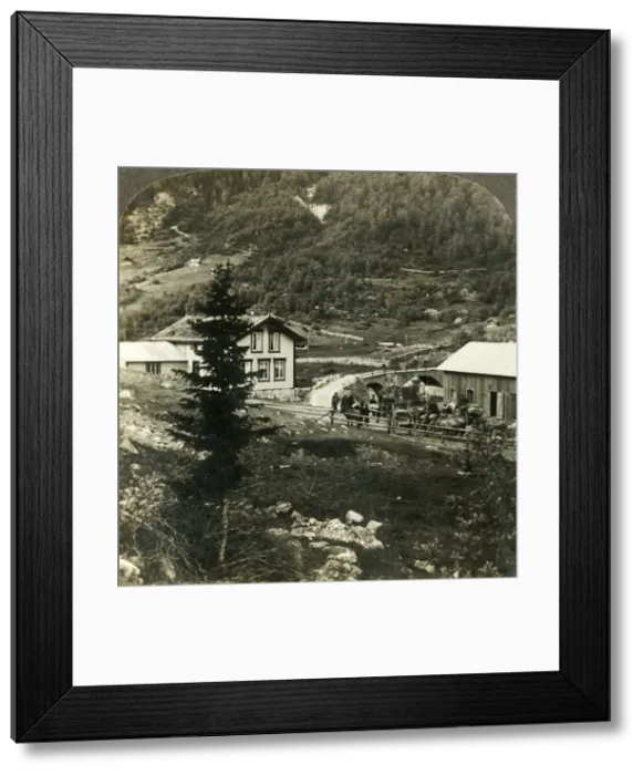 Framed Print : On the picturesque Telemarken road - changing horses at Grundesbro skyds station, Norway, c1905 Framed Print : On the picturesque Telemarken road - changing horses at Grundesbro skyds station, Norway, c1905