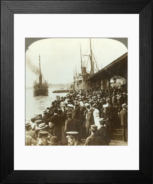 Framed Print : Leaving old home and friends - waving emigrants for America, Christiania, Norway, c1905 Framed Print : Leaving old home and friends - waving emigrants for America, Christiania, Norway, c1905
