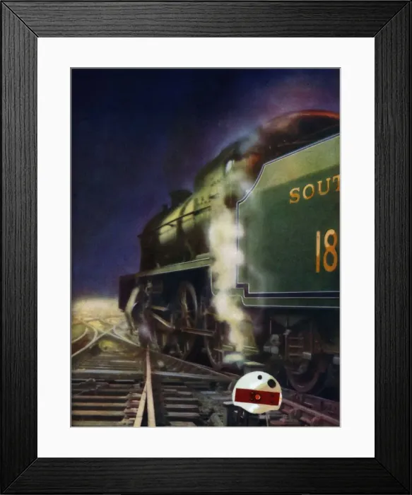 Framed Print : The Night Journey. A mixed-traffic locomotive of the Southern Railway at a cross-over, 1935 Framed Print : The Night Journey. A mixed-traffic locomotive of the Southern Railway at a cross-over, 1935