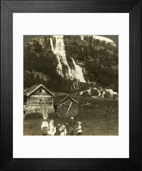 Framed Print : Children at play in a farmers field with terraced Tvinde waterfall, Vossevangen Framed Print : Children at play in a farmers field with terraced Tvinde waterfall, Vossevangen