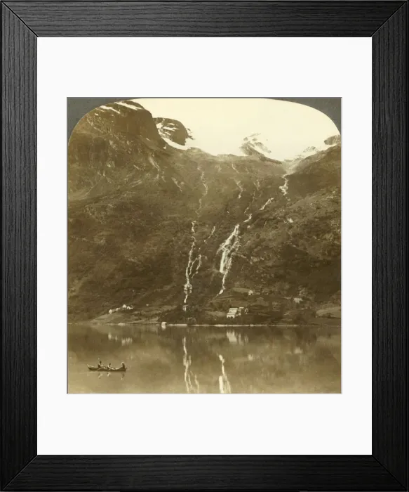Framed Print : Farmhouses of Yri nestled at the mountains base - Yri falls on the glacier, Norway, c1905 Framed Print : Farmhouses of Yri nestled at the mountains base - Yri falls on the glacier, Norway, c1905