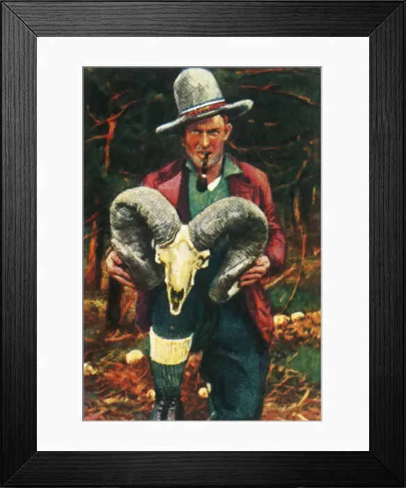 Framed Print : Trophy-hunter holding Bighorn sheep skull, c1928. Creator: Unknown Framed Print : Trophy-hunter holding Bighorn sheep skull, c1928. Creator: Unknown