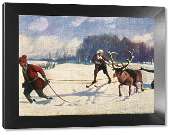 Reindeer sledge ride in Sweden, c1928. Creator: Unknown