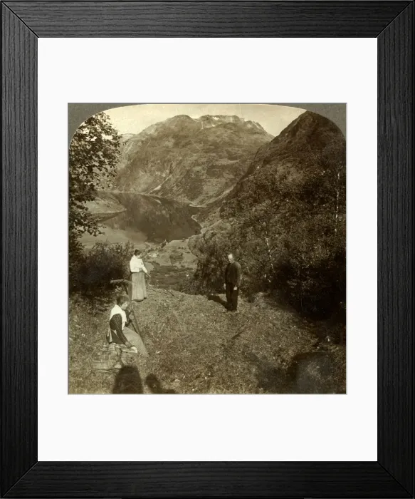 Framed Print : Haying on mountain shelf high above Marok village and mirror-clear Geirangerfjord Framed Print : Haying on mountain shelf high above Marok village and mirror-clear Geirangerfjord