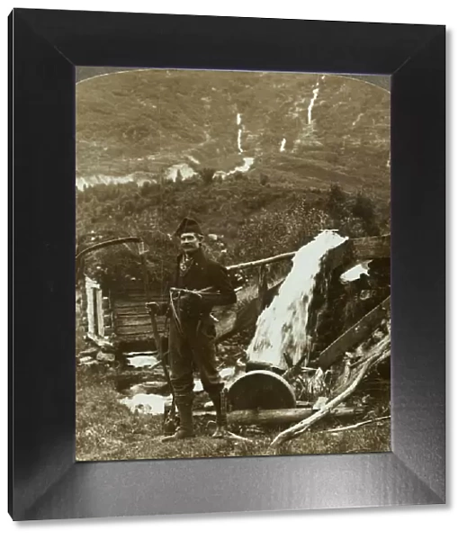 A farmers water-power grindstone and sod-roofed gristmill in deep Olden Valley, Norway, 1905