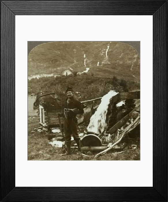 Framed Print : A farmers water-power grindstone and sod-roofed gristmill in deep Olden Valley, Norway, 1905 Framed Print : A farmers water-power grindstone and sod-roofed gristmill in deep Olden Valley, Norway, 1905