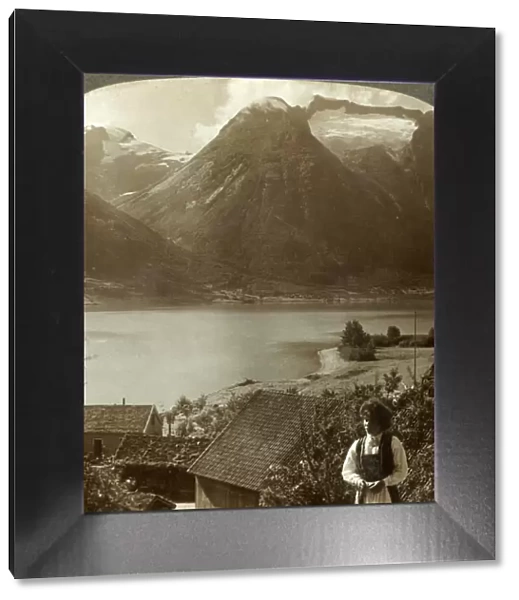 Looking from Hjelle across quiet Strynns Lake to steep glaciers of Mt. Skaala, Norway, c1905