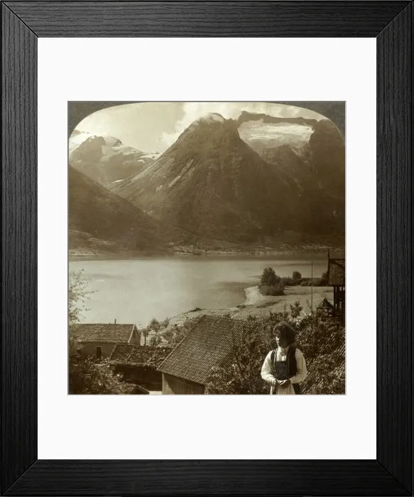 Framed Print : Looking from Hjelle across quiet Strynns Lake to steep glaciers of Mt. Skaala, Norway, c1905 Framed Print : Looking from Hjelle across quiet Strynns Lake to steep glaciers of Mt. Skaala, Norway, c1905