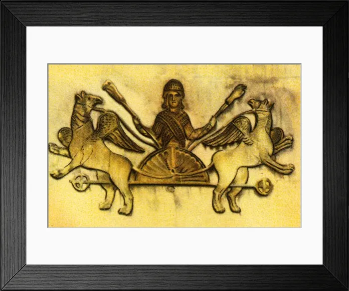 Framed Print : Alexander the Great in a chariot pulled by winged griffins, (1932). Creator: Unknown Framed Print : Alexander the Great in a chariot pulled by winged griffins, (1932). Creator: Unknown
