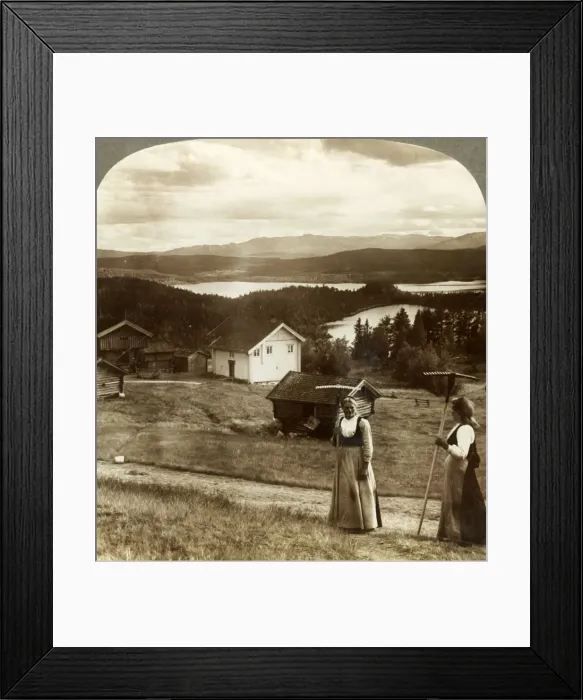 Framed Print : Country girls in haying time - over Bolkesjo and Folsjo (lakes) to Himingen Mts Framed Print : Country girls in haying time - over Bolkesjo and Folsjo (lakes) to Himingen Mts