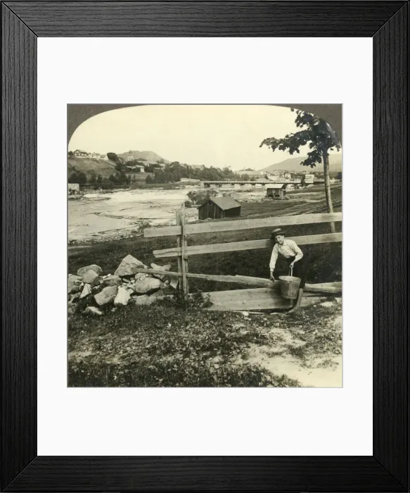 Framed Print : Village church and homes of Kongsberg, beside the rapids of Laagen, Norway, c1905 Framed Print : Village church and homes of Kongsberg, beside the rapids of Laagen, Norway, c1905