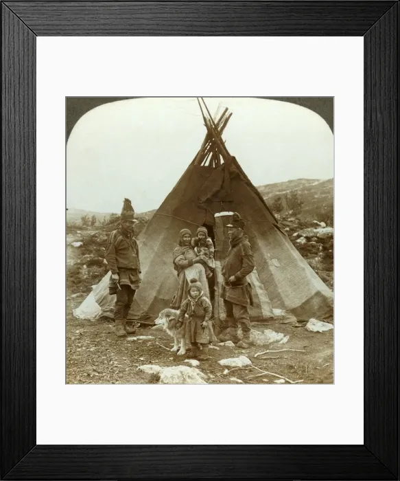 Framed Print : Laplander family and sledge dog - outside their summer home - on a hillside in Norway, c1905 Framed Print : Laplander family and sledge dog - outside their summer home - on a hillside in Norway, c1905