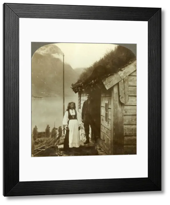 Framed Print : Young farmers of the Nordfjord country - before their cottage home, Norway, c1905 Framed Print : Young farmers of the Nordfjord country - before their cottage home, Norway, c1905