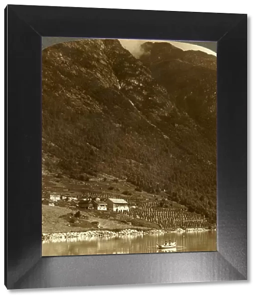 Hogrending farm, nestling at the mountains base, on the E. shore of Lake Loen, Norway, c1905