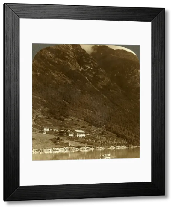 Framed Print : Hogrending farm, nestling at the mountains base, on the E. shore of Lake Loen, Norway, c1905 Framed Print : Hogrending farm, nestling at the mountains base, on the E. shore of Lake Loen, Norway, c1905