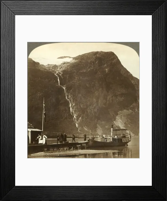 Framed Print : Utigards Falls from Ravnefjeld glacier at Lake Loen - from Naesdal, Norway, c1905