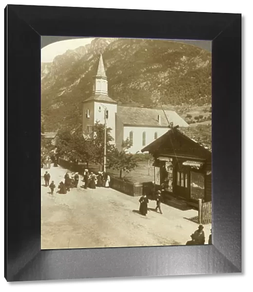 Families and neighbors on a summer Sunday morning at village church, Odde, Norway, c1905