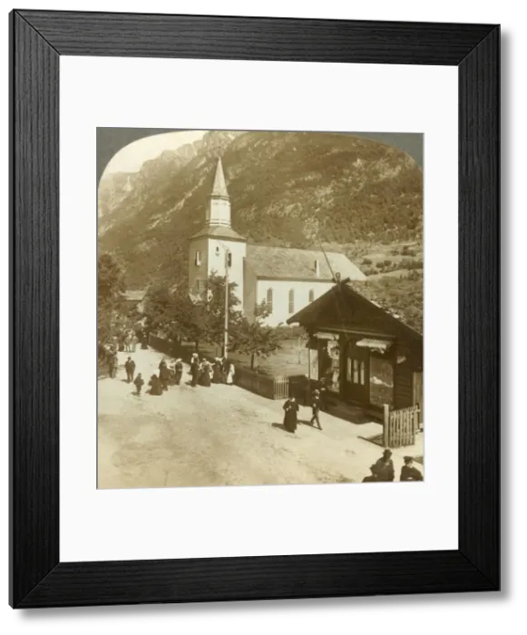 Framed Print : Families and neighbors on a summer Sunday morning at village church, Odde, Norway, c1905 Framed Print : Families and neighbors on a summer Sunday morning at village church, Odde, Norway, c1905