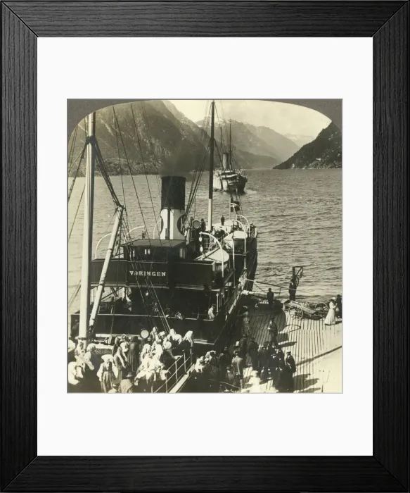 Framed Print : Leaving Odde for an excursion down the picturesque mountain-walled Sorfjord, Norway, c1905 Framed Print : Leaving Odde for an excursion down the picturesque mountain-walled Sorfjord, Norway, c1905