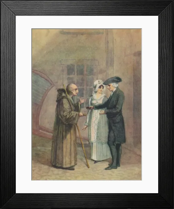 Framed Print : Yorik, the Monk and Madame L- in the Inn Courtyard at Calais, c1760s, (1942). Creator: Adam Buck Framed Print : Yorik, the Monk and Madame L- in the Inn Courtyard at Calais, c1760s, (1942). Creator: Adam Buck