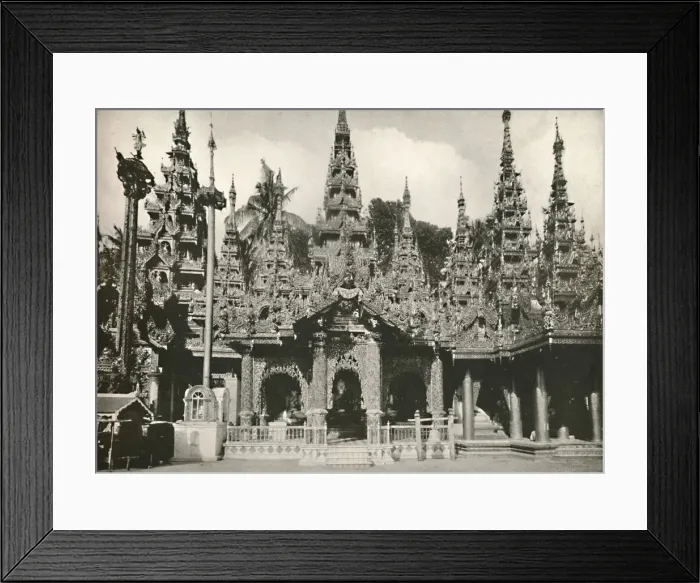 Framed Print : Wood Carved Shrines with Glass Mosaic work at the Shwe Dagon Pagoda, Rangoon, 1900 Framed Print : Wood Carved Shrines with Glass Mosaic work at the Shwe Dagon Pagoda, Rangoon, 1900
