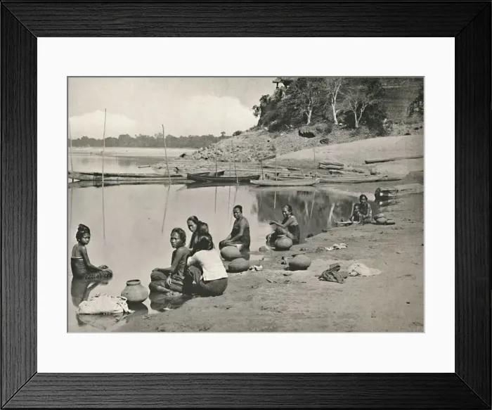 Framed Print : Typical Riverside Scene on the great Irrawaddy - Women bathing and drawing water, 1900 Framed Print : Typical Riverside Scene on the great Irrawaddy - Women bathing and drawing water, 1900