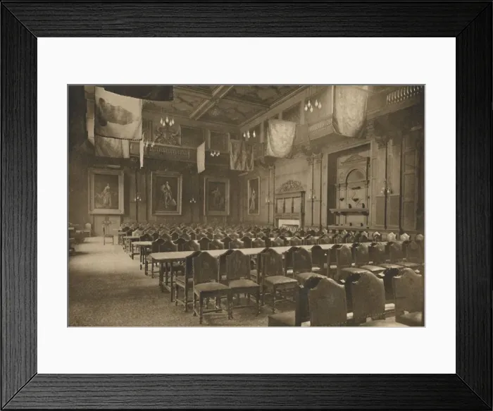 Framed Print : Flag-Hung Great Hall in Which the Powerful Company of Grocers Holds Its Banquets, c1935 Framed Print : Flag-Hung Great Hall in Which the Powerful Company of Grocers Holds Its Banquets, c1935