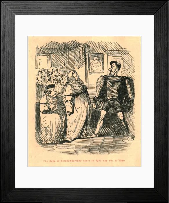 Framed Print : The Duke of Northumberland offers to fight any one of them, 1897. Creator: John Leech Framed Print : The Duke of Northumberland offers to fight any one of them, 1897. Creator: John Leech