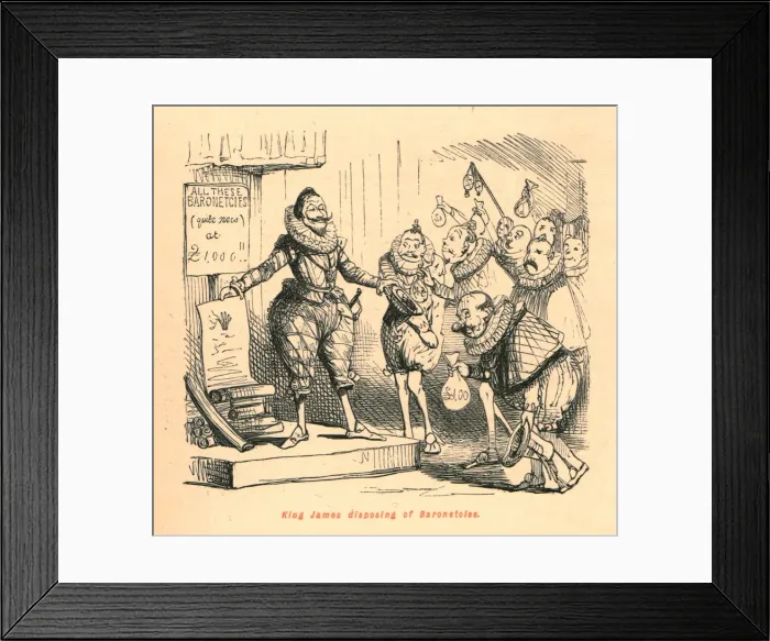 Framed Print : King James disposing of Baronetcies, 1897. Creator: John Leech Framed Print : King James disposing of Baronetcies, 1897. Creator: John Leech